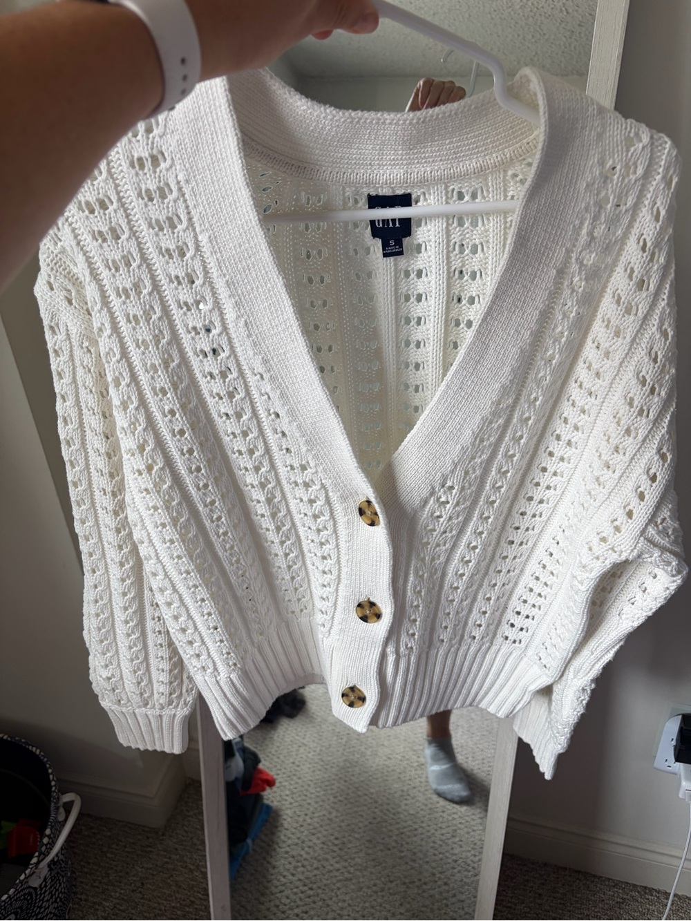 GAP Cream Open-Knit Button Front Cardigan